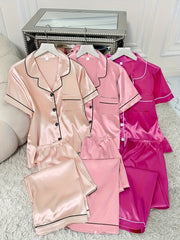 3 Sets Cozy Solid Satin Women's Pajama Set - Soft Short Sleeve Button-Down Lapel Top & Relaxed Fit Pants for Comfortable Sleep - Breathable, Soft Brushed Fabric, Classic Design
