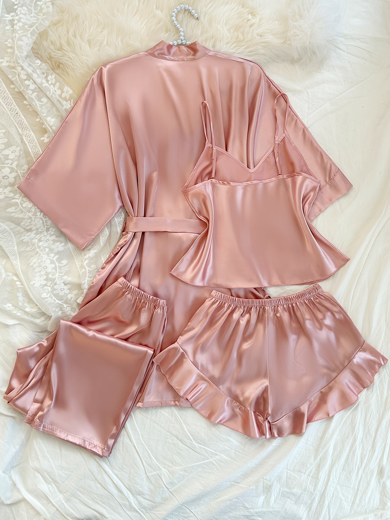 [Sexy Pajama Set] 4pcs Comfortable Polyester Women's V-Neck Pajama Set | All-Season Sleepwear with Tie Waist And Drawstring Shorts, Perfect for Autumn And Winter