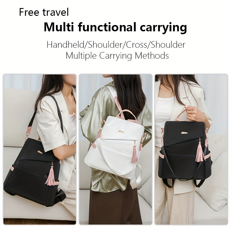 Elegant Women's Anti-Theft Backpack - Lightweight, Chic White with Pink Accents, Large Capacity, Adjustable Straps, PU Material, Perfect for Travel