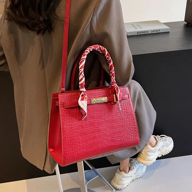 2024 Luxury Designer Women's Handbags with Scarf Top Handle Tote Bag for Women Solid Color Shoulder Bags for Ladies
