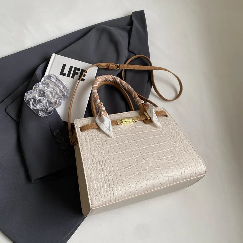 2024 Luxury Designer Women's Handbags with Scarf Top Handle Tote Bag for Women Solid Color Shoulder Bags for Ladies