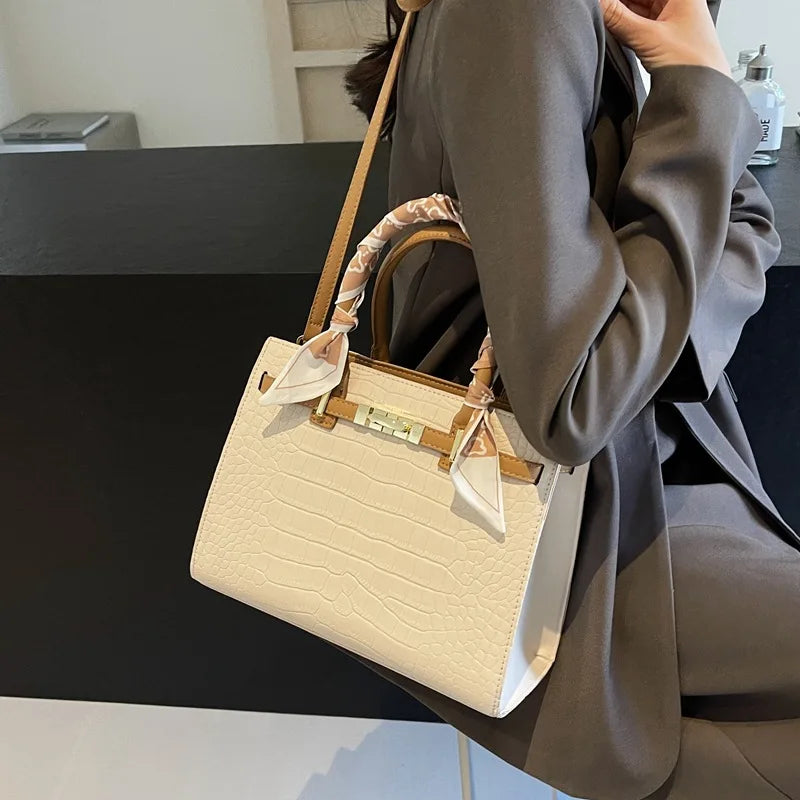 2024 Luxury Designer Women's Handbags with Scarf Top Handle Tote Bag for Women Solid Color Shoulder Bags for Ladies