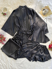 [Sexy Pajama Set] 4pcs Comfortable Polyester Women's V-Neck Pajama Set | All-Season Sleepwear with Tie Waist And Drawstring Shorts, Perfect for Autumn And Winter