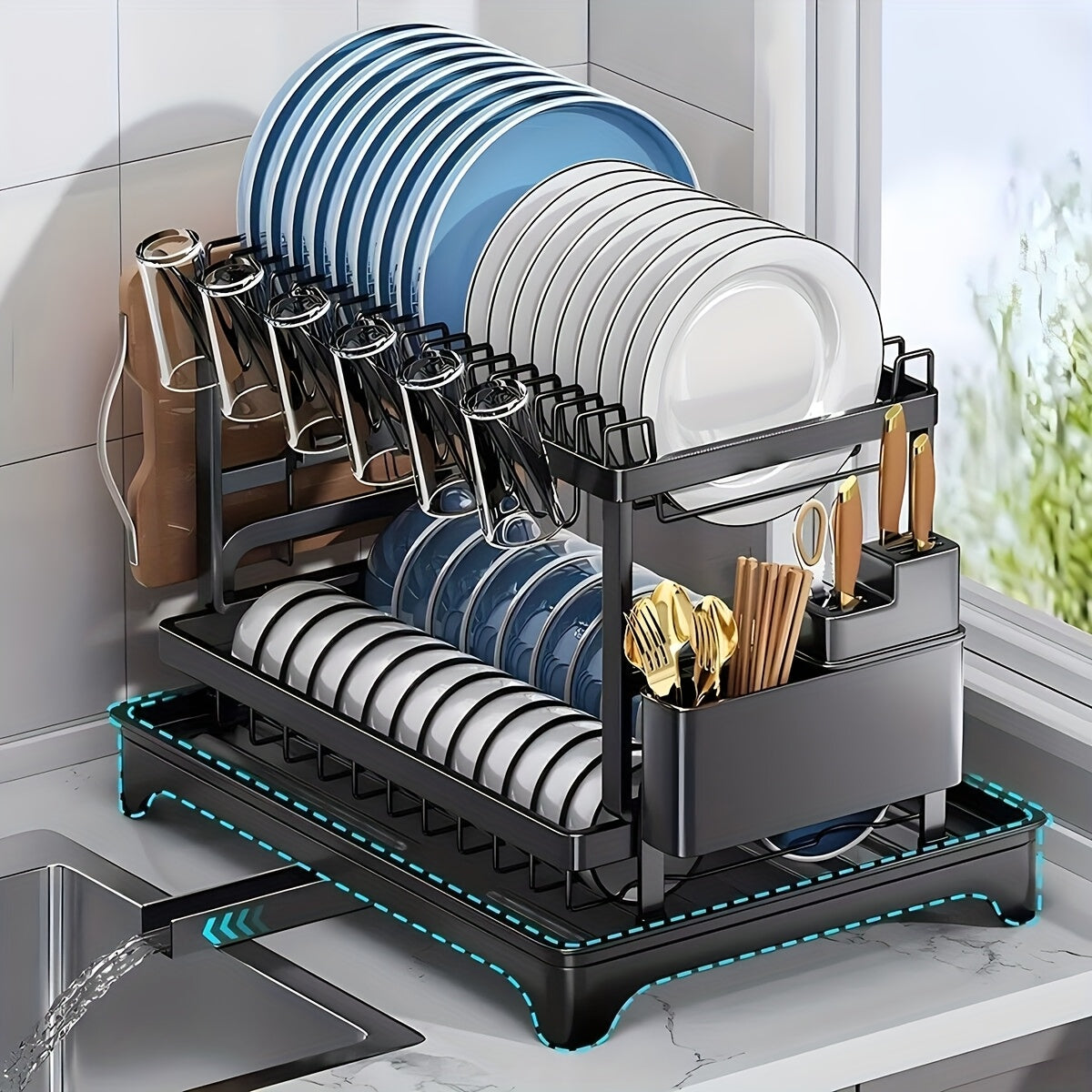 2-Tier Carbon Steel Dish Rack with Large Capacity - Double Layer Plate & Cup Drying Drainer, Cutlery Holder, Space-Saving Kitchen Organizer for Home, Efficient Storage, Durable Construction, Small Kitchens
