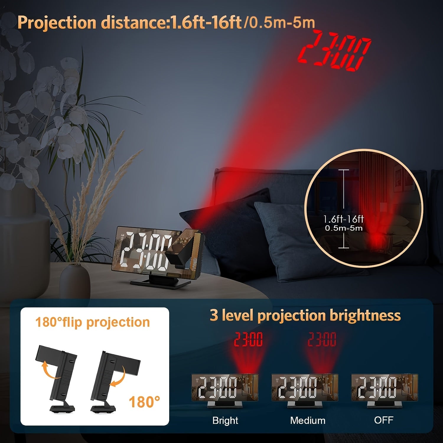 180° Adjustable LED Projection Alarm Clock - Black, USB Powered, 12/24H Temperature Display, Snooze, Night Mode, Memory Function for Bedroom, Home Office