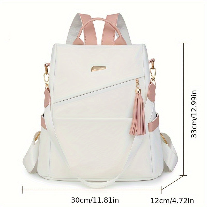 Elegant Women's Anti-Theft Backpack - Lightweight, Chic White with Pink Accents, Large Capacity, Adjustable Straps, PU Material, Perfect for Travel