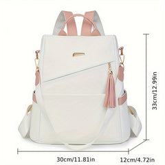 Elegant Women's Anti-Theft Backpack - Lightweight, Chic White with Pink Accents, Large Capacity, Adjustable Straps, PU Material, Perfect for Travel