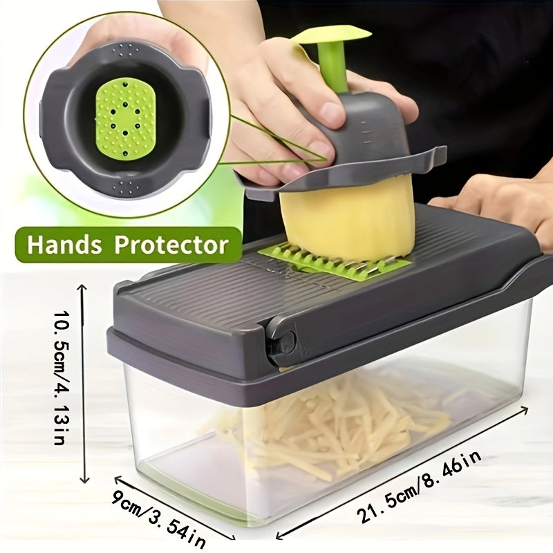 Veggie Chopper, Vegetable Slicer and Chopper - 16-in-1 Multifunctional Food Grade Cutting Machine with Drain Basket, Carrot and Garlic Chopper with Container, Durable Plastic Construction - Ideal for Home and Restaurant Use, Kitchen Essentials
