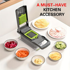 Veggie Chopper, Vegetable Slicer and Chopper - 16-in-1 Multifunctional Food Grade Cutting Machine with Drain Basket, Carrot and Garlic Chopper with Container, Durable Plastic Construction - Ideal for Home and Restaurant Use, Kitchen Essentials