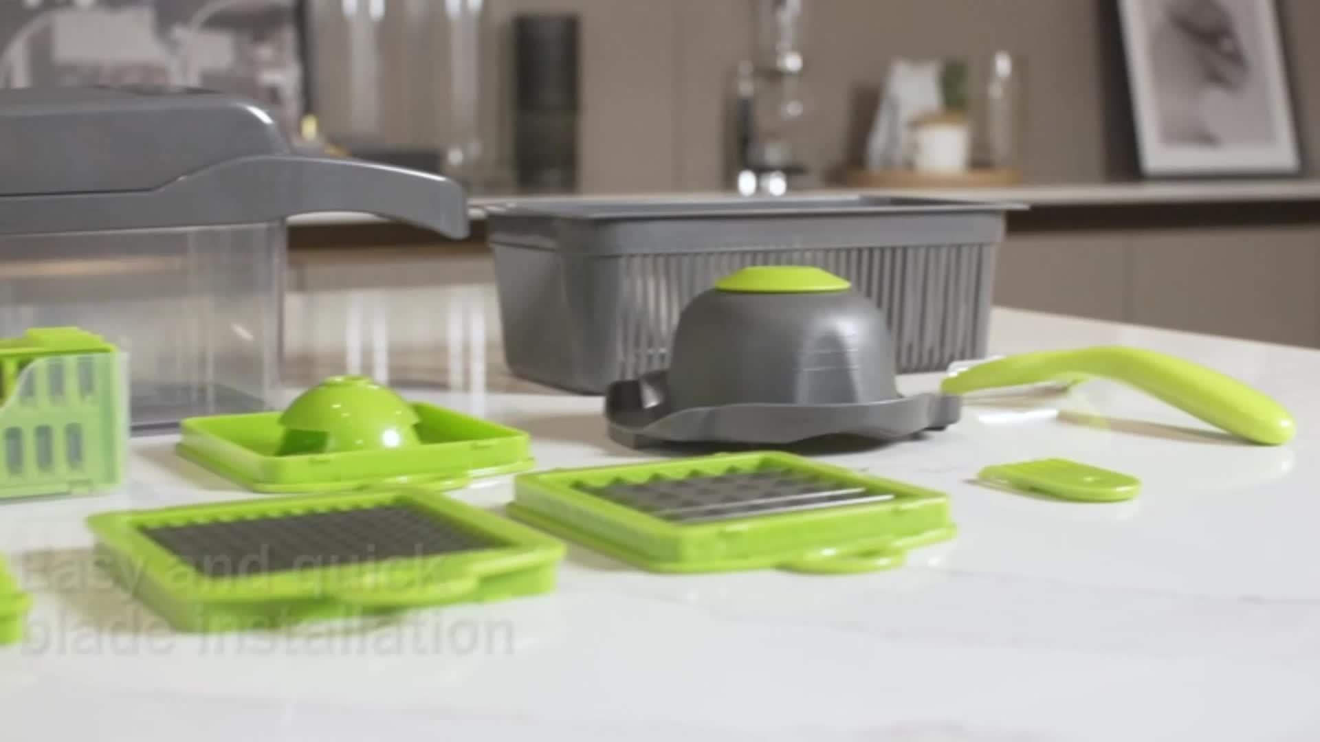 Veggie Chopper, Vegetable Slicer and Chopper - 16-in-1 Multifunctional Food Grade Cutting Machine with Drain Basket, Carrot and Garlic Chopper with Container, Durable Plastic Construction - Ideal for Home and Restaurant Use, Kitchen Essentials