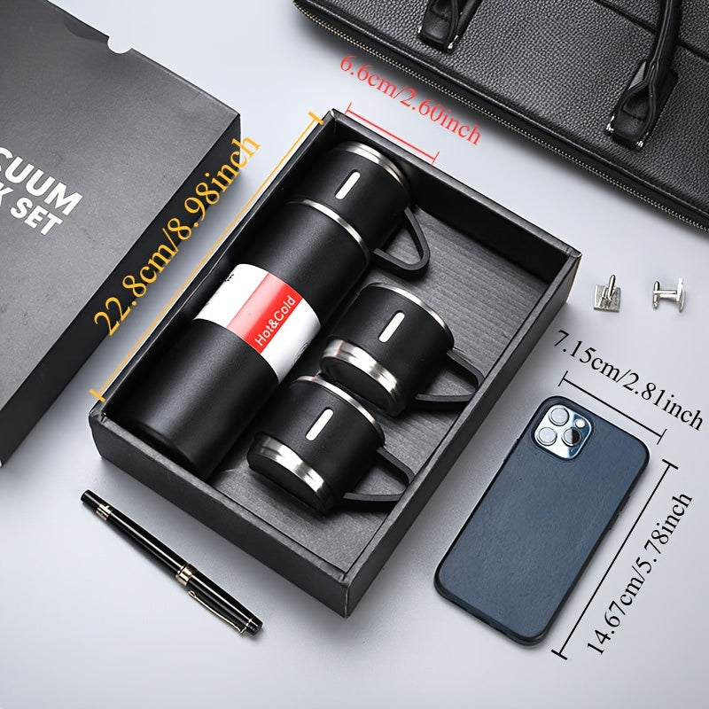 A Set of Stainless Steel Insulated Cups, 500Ml/16.9Oz Vacuum Sealed Water Bottle, Comes with 3 Cups, Stainless Steel Car Water Bottle Holder, Suitable for Coffee And Cold Drinks, Ideal Back-To-School Supplies