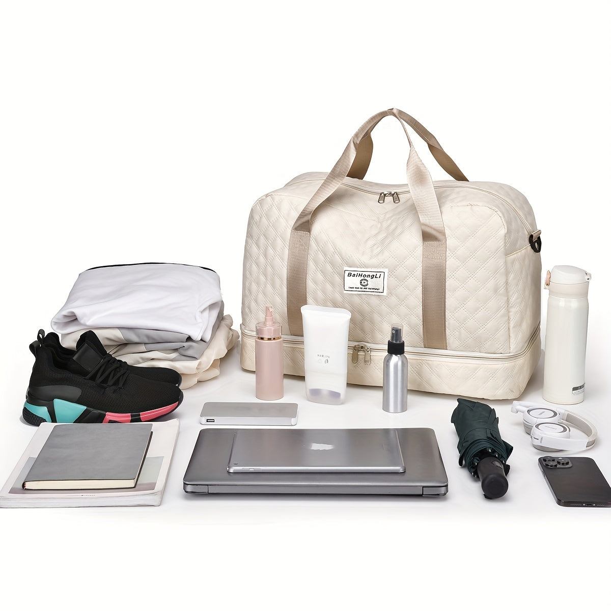 [Casual Duffel Bag] Large Capacity Nylon Travel Duffel Bag | Casual Style, Solid Color, Zipper Closure, Handheld or Shoulder Carry, with Black and Beige Options, for Outing and Weekend Trip