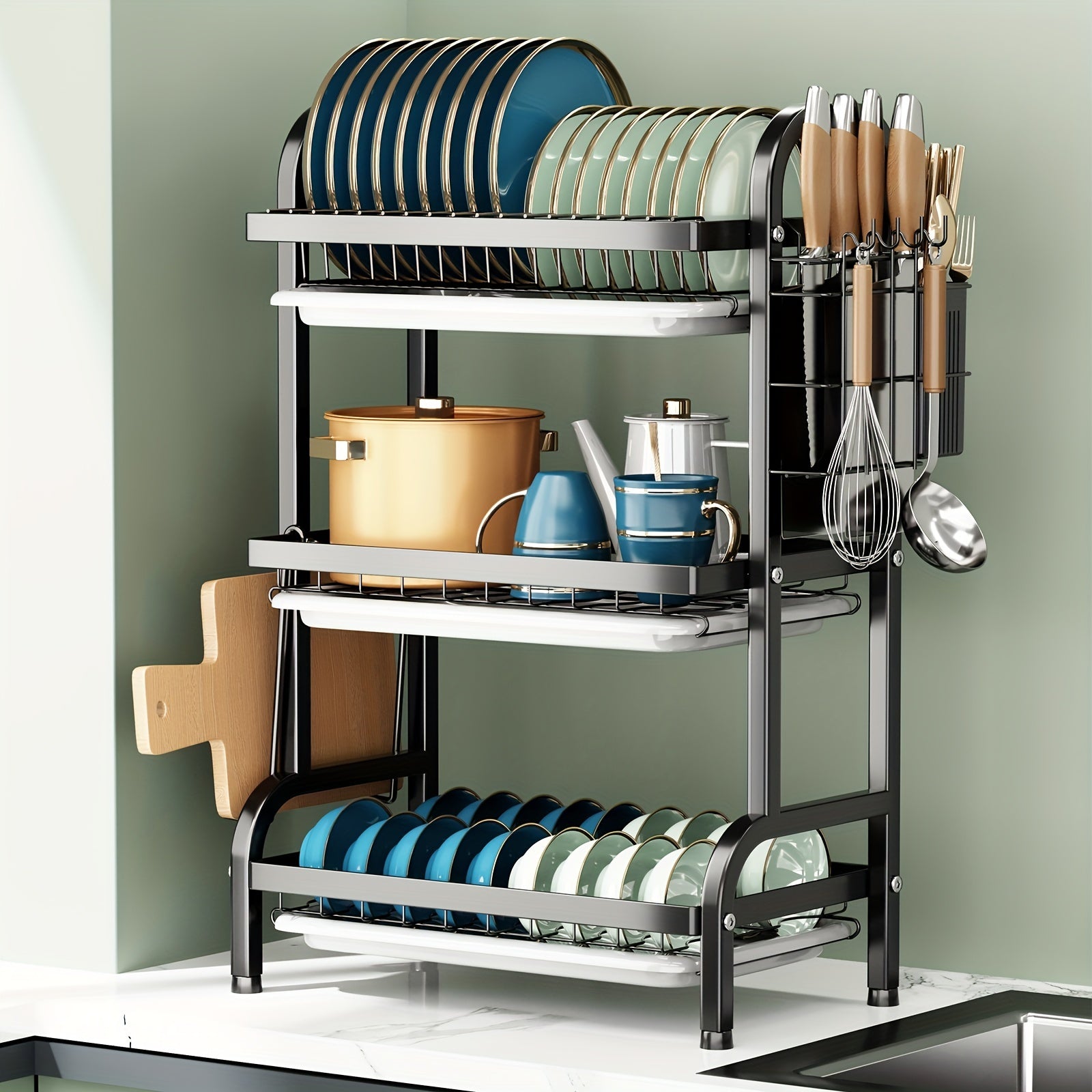 2-Tier/3-Tier Space-Saving Dish Drying Rack with Cutting Board and Cutlery Holder - Metal Kitchen Counter Organizer for Dishes, Glasses, and Utensils, Dish Drying Rack|Modern Kitchenware|Durable Metal Rack, Dish Rack for Kitchen