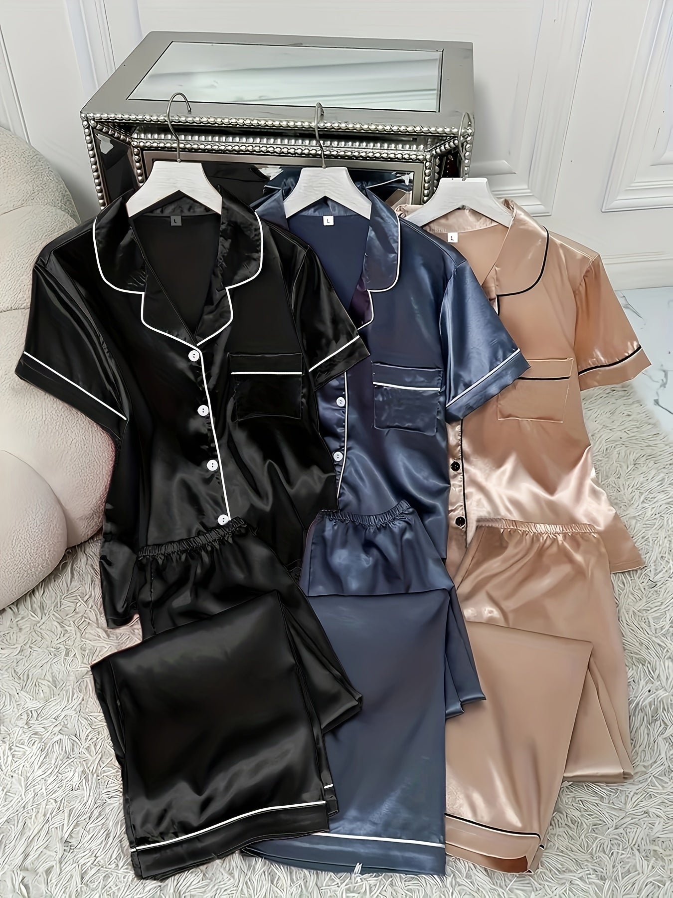 3 Sets Cozy Solid Satin Women's Pajama Set - Soft Short Sleeve Button-Down Lapel Top & Relaxed Fit Pants for Comfortable Sleep - Breathable, Soft Brushed Fabric, Classic Design