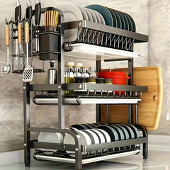 2-Tier/3-Tier Space-Saving Dish Drying Rack with Cutting Board and Cutlery Holder - Metal Kitchen Counter Organizer for Dishes, Glasses, and Utensils, Dish Drying Rack|Modern Kitchenware|Durable Metal Rack, Dish Rack for Kitchen