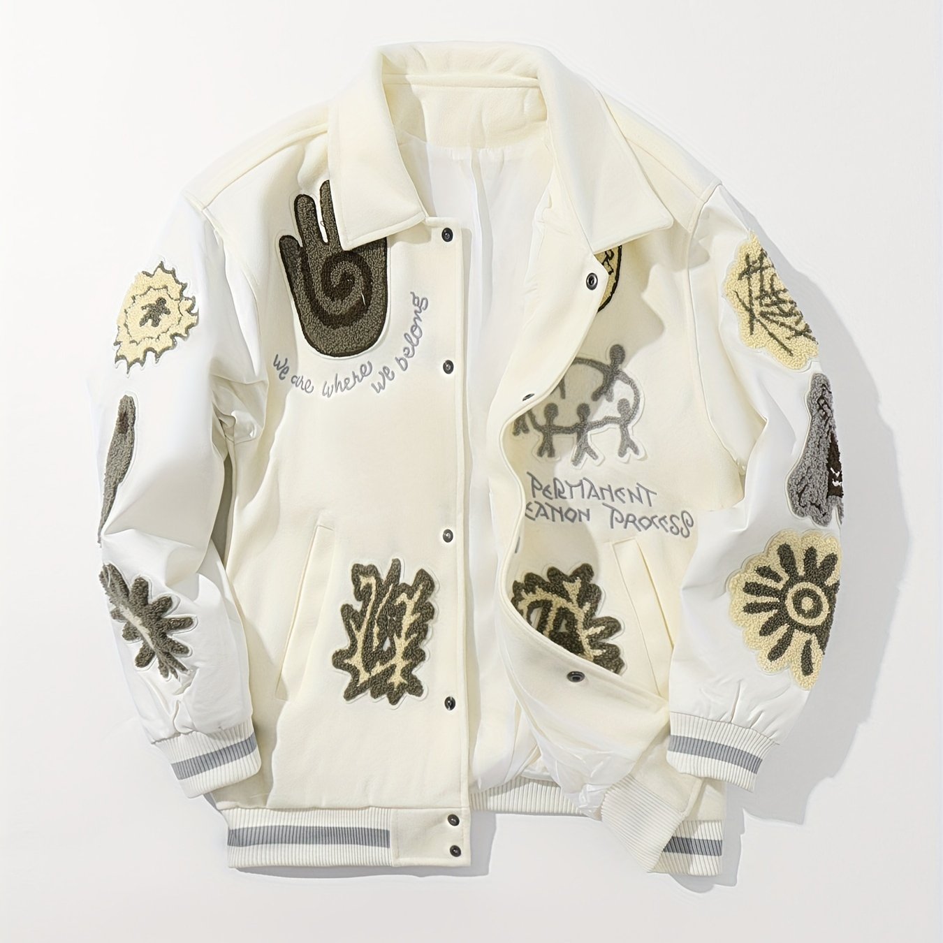 Loose Fit Men's Striped Jacket with Pockets, Geometric Embroidery Pattern, Casual Lapel Button Up Long Sleeve Outwear for Fall Winter Outdoor