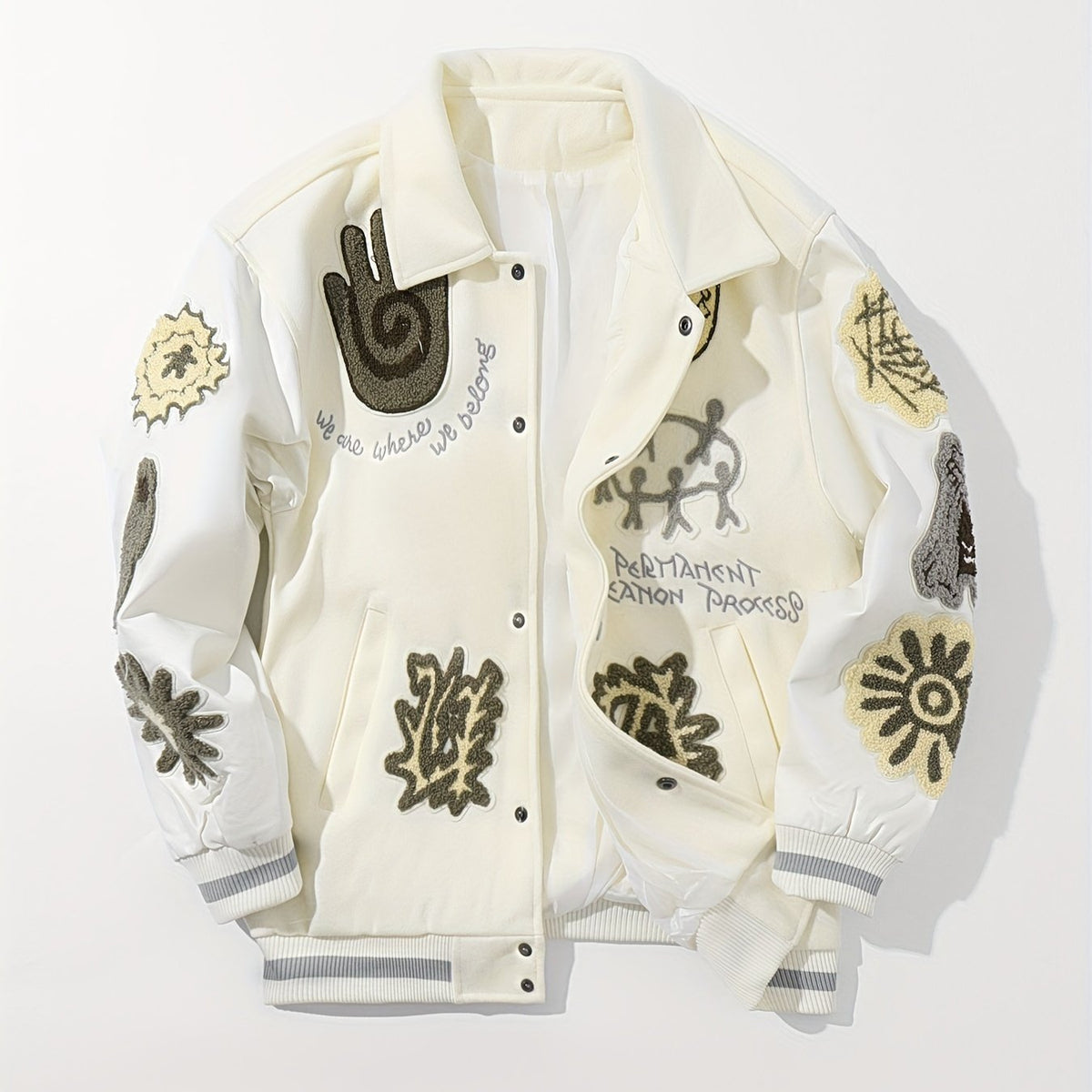 Loose Fit Men's Striped Jacket with Pockets, Geometric Embroidery Pattern, Casual Lapel Button Up Long Sleeve Outwear for Fall Winter Outdoor