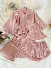 [Sexy Pajama Set] 4pcs Comfortable Polyester Women's V-Neck Pajama Set | All-Season Sleepwear with Tie Waist And Drawstring Shorts, Perfect for Autumn And Winter