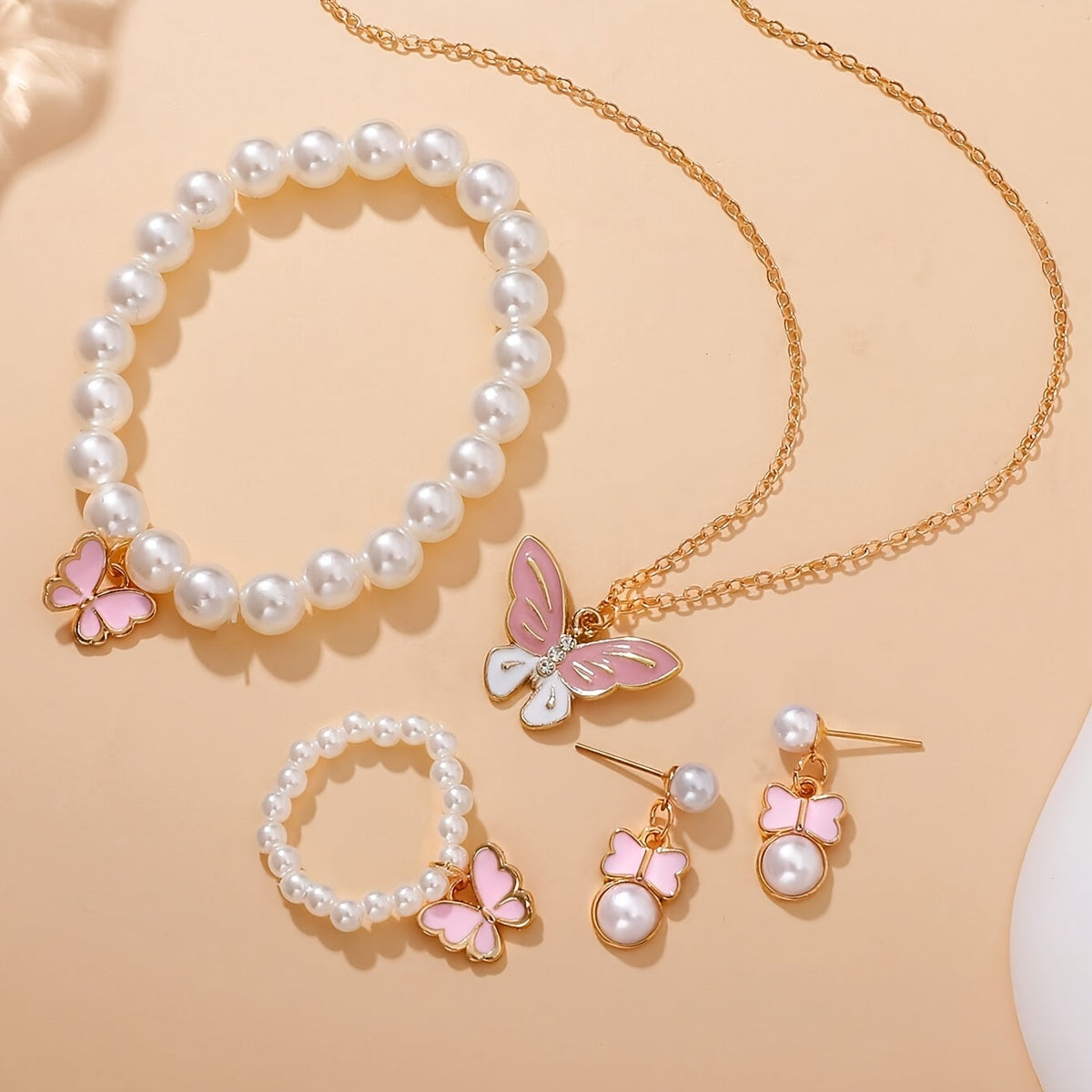 [Pearl | Butterfly] Cute Pearl | 1set Butterfly Trendy Necklace Earrings Pearl Bracelet Ring Set For Girls