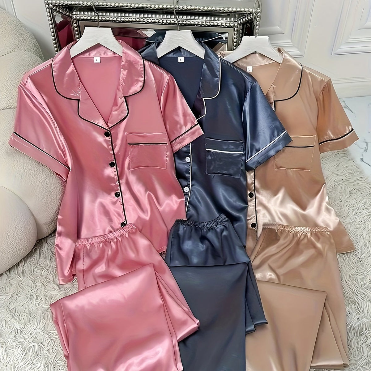 3 Sets Cozy Solid Satin Women's Pajama Set - Soft Short Sleeve Button-Down Lapel Top & Relaxed Fit Pants for Comfortable Sleep - Breathable, Soft Brushed Fabric, Classic Design