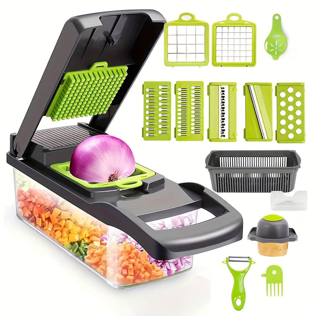 Veggie Chopper, Vegetable Slicer and Chopper - 16-in-1 Multifunctional Food Grade Cutting Machine with Drain Basket, Carrot and Garlic Chopper with Container, Durable Plastic Construction - Ideal for Home and Restaurant Use, Kitchen Essentials