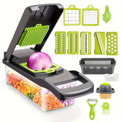 Veggie Chopper, Vegetable Slicer and Chopper - 16-in-1 Multifunctional Food Grade Cutting Machine with Drain Basket, Carrot and Garlic Chopper with Container, Durable Plastic Construction - Ideal for Home and Restaurant Use, Kitchen Essentials