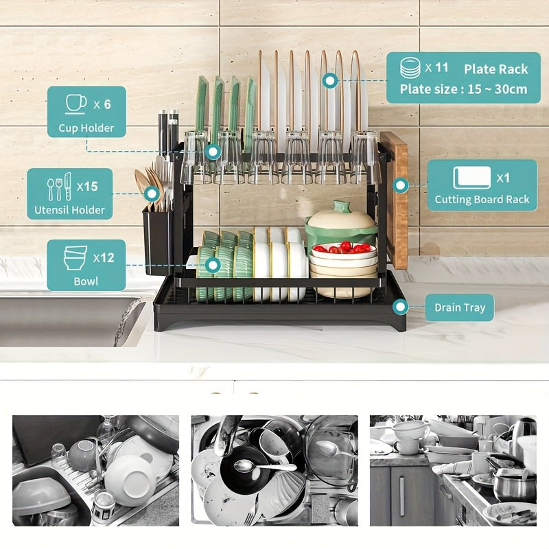 2-Tier Carbon Steel Dish Rack with Large Capacity - Double Layer Plate & Cup Drying Drainer, Cutlery Holder, Space-Saving Kitchen Organizer for Home, Efficient Storage, Durable Construction, Small Kitchens
