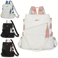 Elegant Women's Anti-Theft Backpack - Lightweight, Chic White with Pink Accents, Large Capacity, Adjustable Straps, PU Material, Perfect for Travel