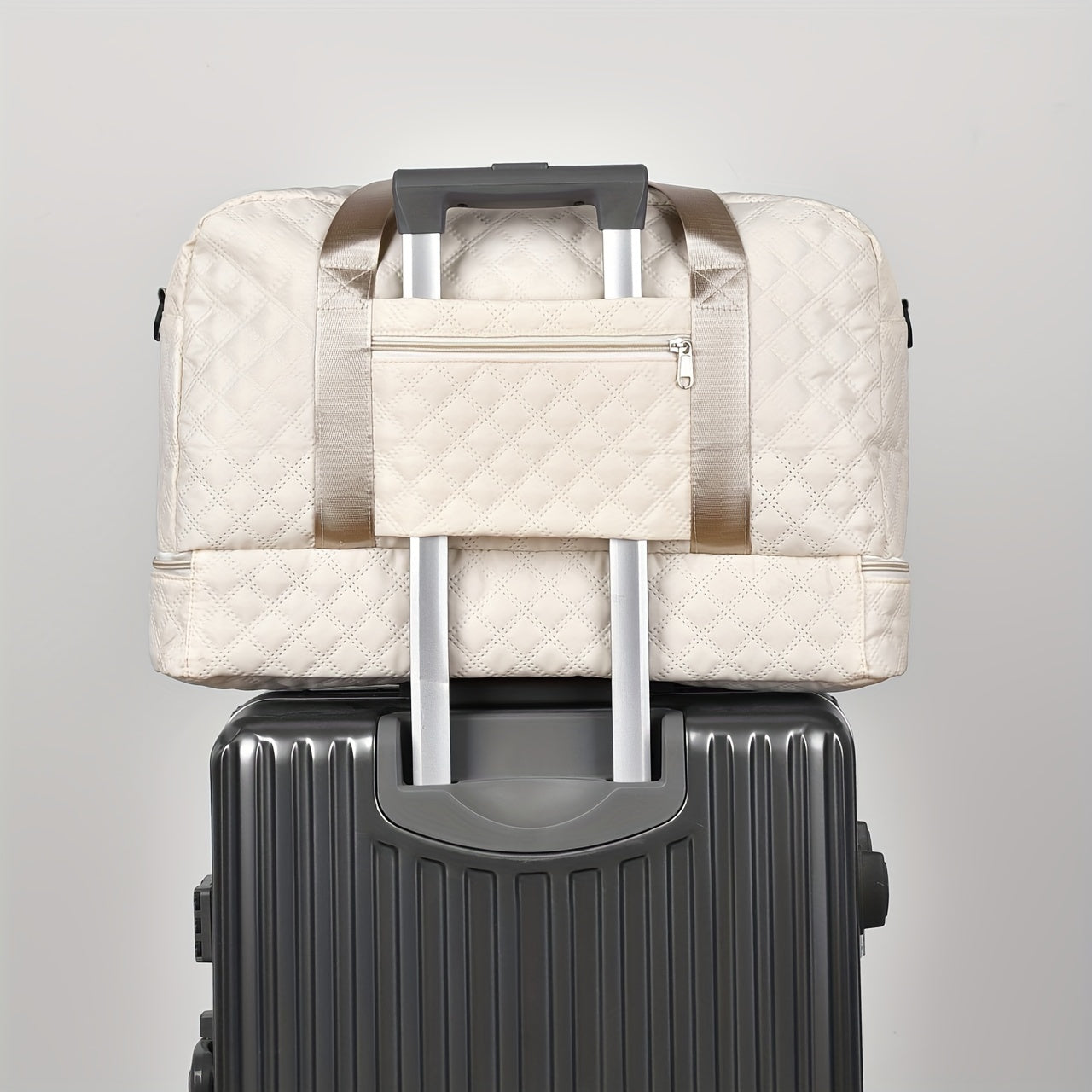 [Casual Duffel Bag] Large Capacity Nylon Travel Duffel Bag | Casual Style, Solid Color, Zipper Closure, Handheld or Shoulder Carry, with Black and Beige Options, for Outing and Weekend Trip
