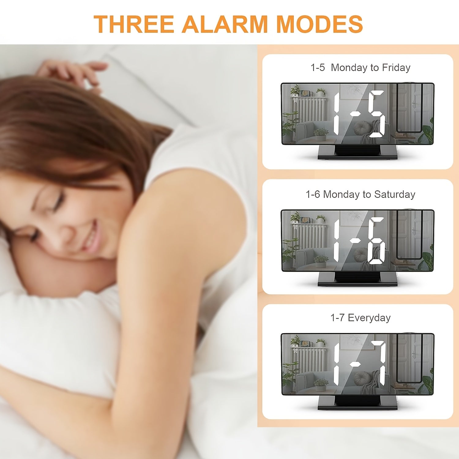 180° Adjustable LED Projection Alarm Clock - Black, USB Powered, 12/24H Temperature Display, Snooze, Night Mode, Memory Function for Bedroom, Home Office