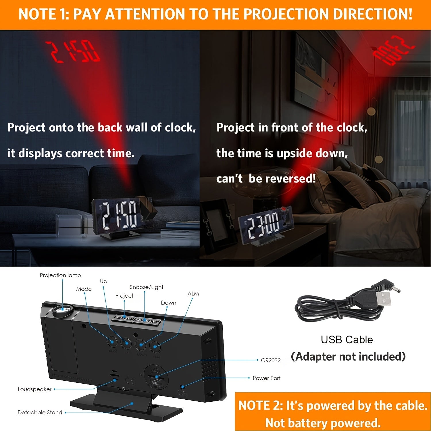 180° Adjustable LED Projection Alarm Clock - Black, USB Powered, 12/24H Temperature Display, Snooze, Night Mode, Memory Function for Bedroom, Home Office